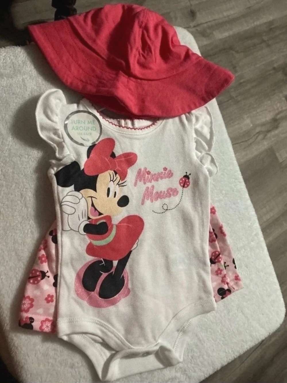 Disney Girls White Pink Minnie Mouse One-Piece Bodysuit with Red Hat